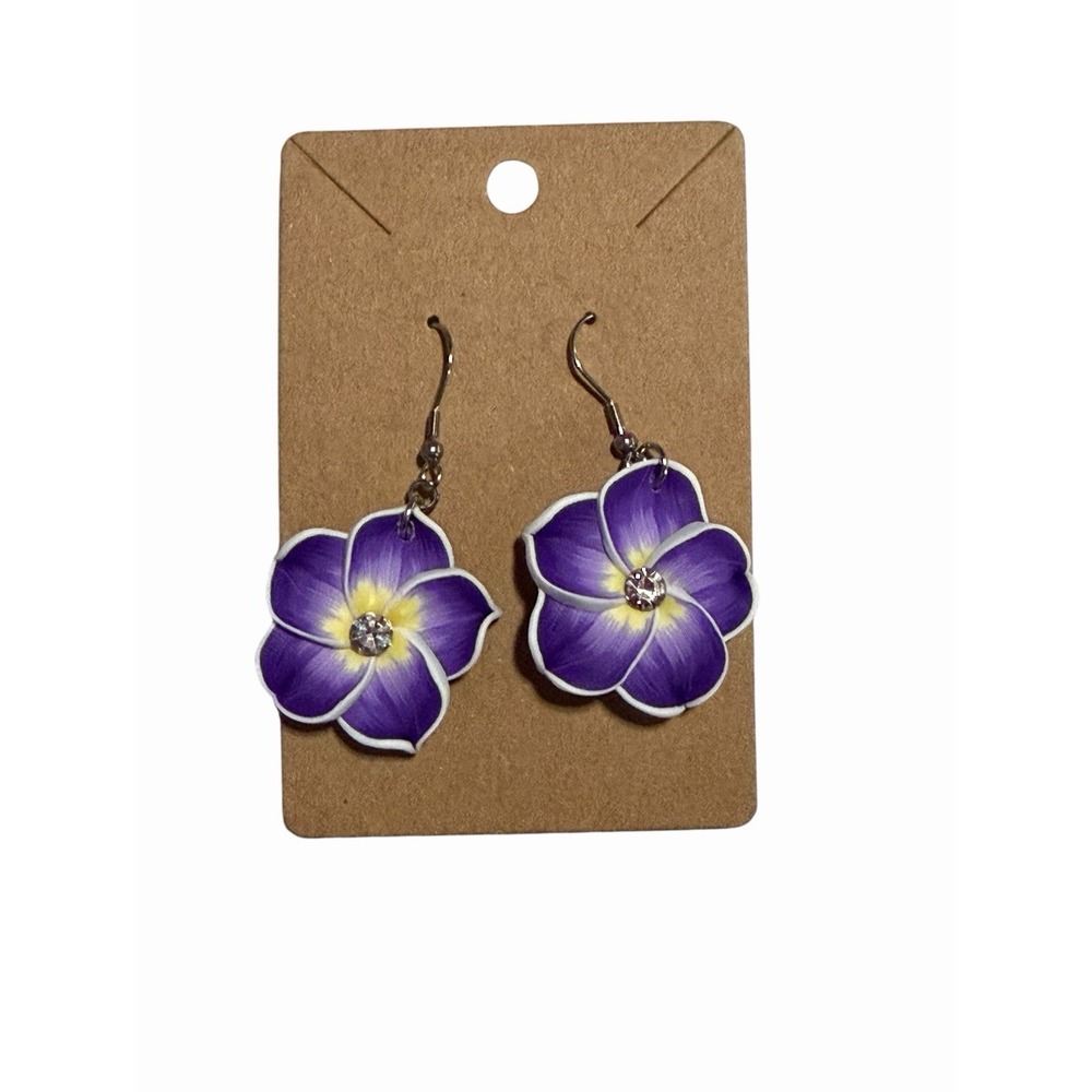 Purple Plumeria Flower Drop Earrings Rhinestone Center Tropical Floral Dangles